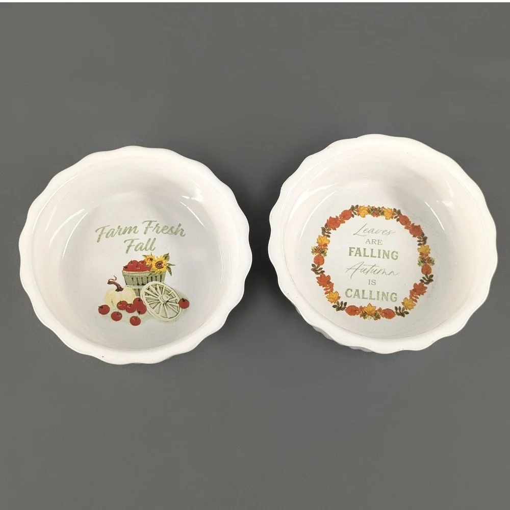 Royal Norfolk Stoneware Fall Ramekin Set 2 White 5in Autumn Harvest Bowls